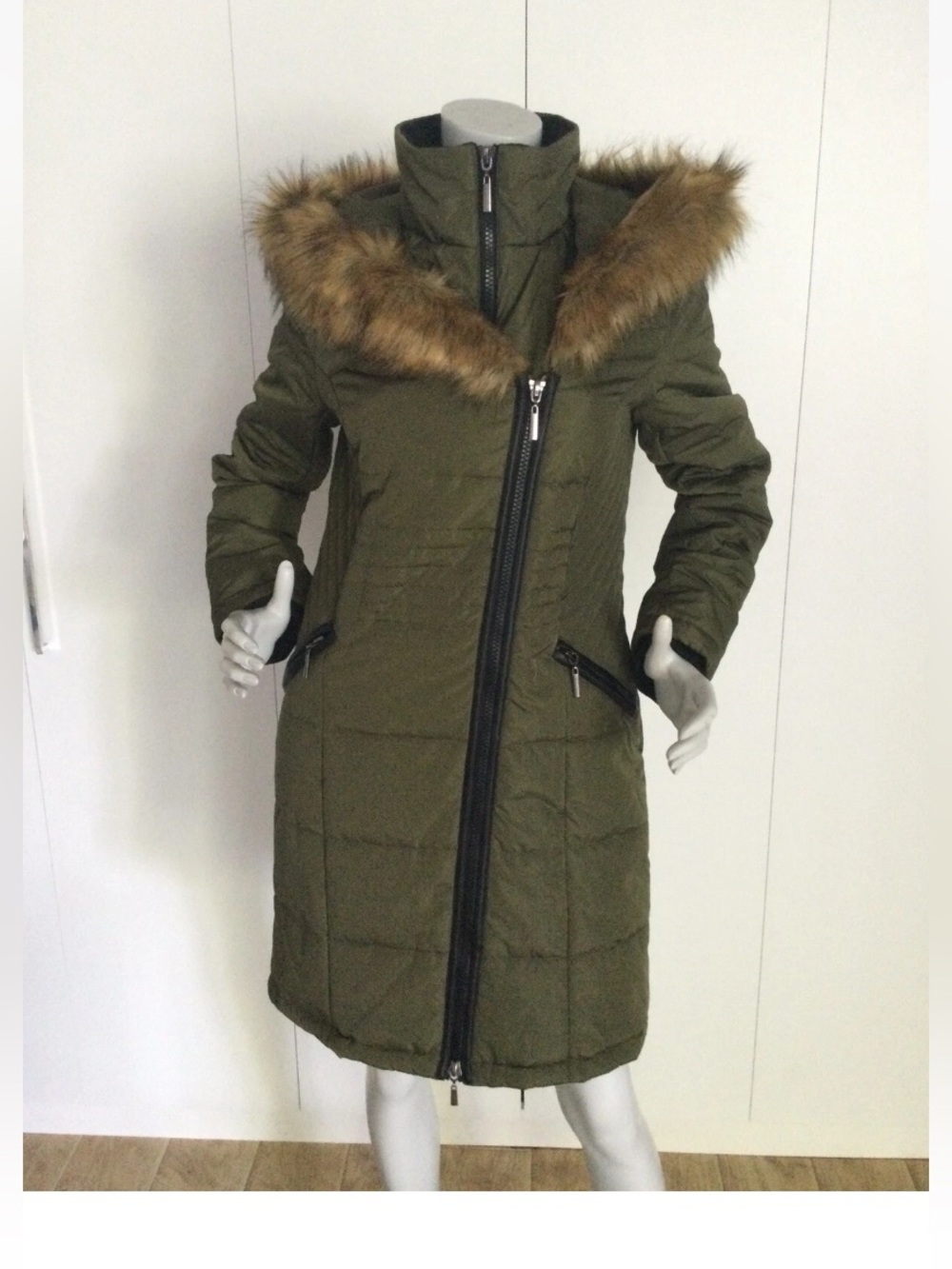 B.Young Olive Night Hooded Coat Size 38